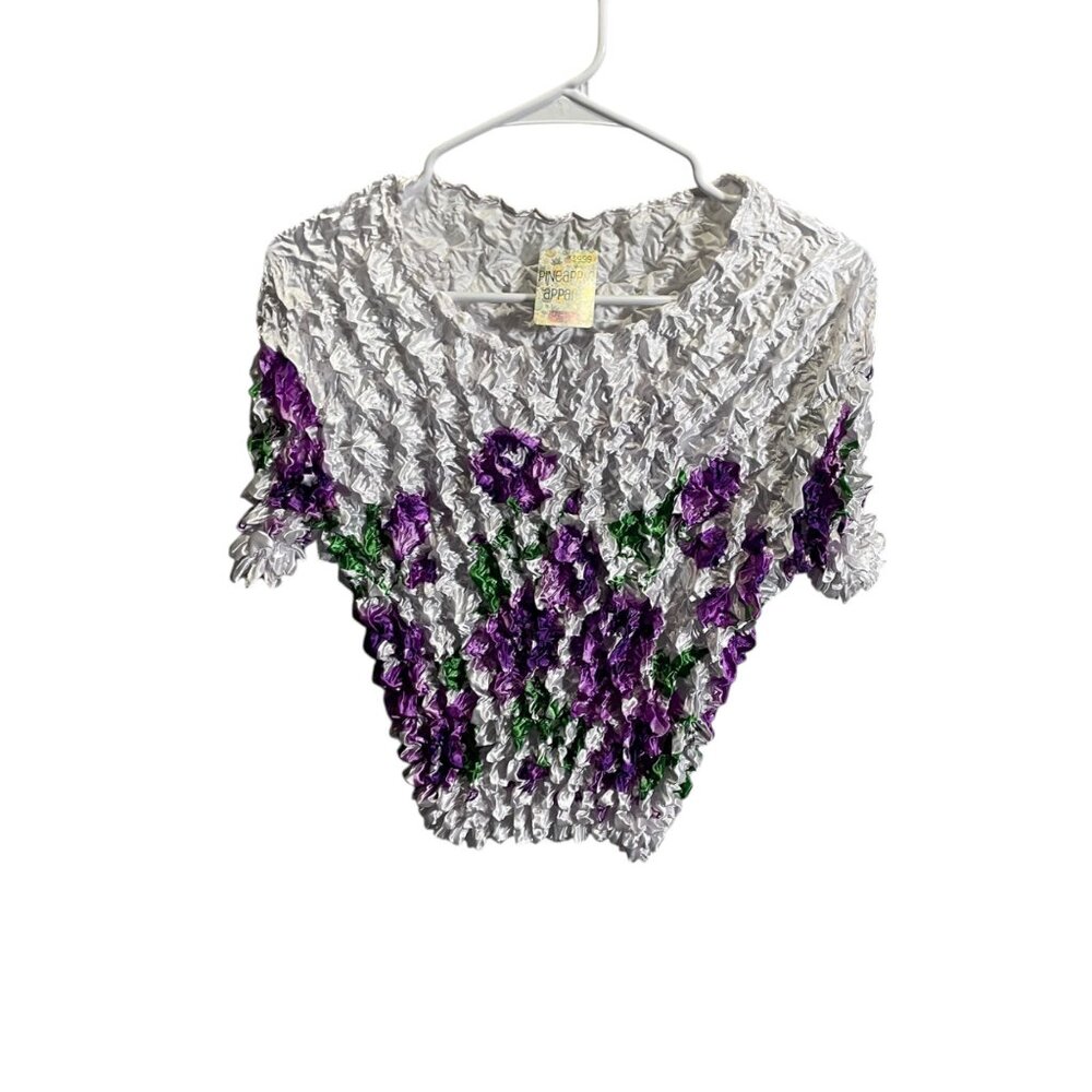 Pineapple Apparel‎ One Size Floral Crinkle Top Purple Green White Y2K